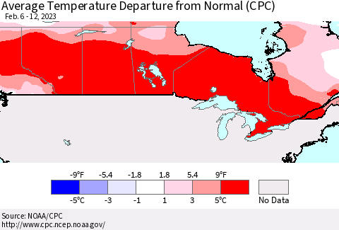 Canada Average Temperature Departure from Normal (CPC) Thematic Map For 2/6/2023 - 2/12/2023