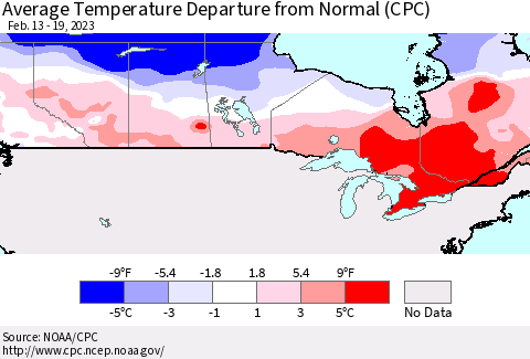 Canada Average Temperature Departure from Normal (CPC) Thematic Map For 2/13/2023 - 2/19/2023