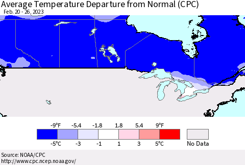 Canada Average Temperature Departure from Normal (CPC) Thematic Map For 2/20/2023 - 2/26/2023