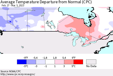 Canada Average Temperature Departure from Normal (CPC) Thematic Map For 2/27/2023 - 3/5/2023
