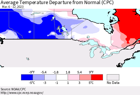 Canada Average Temperature Departure from Normal (CPC) Thematic Map For 3/6/2023 - 3/12/2023