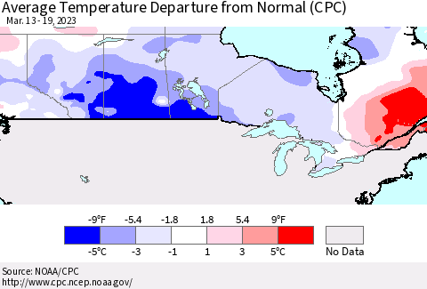 Canada Average Temperature Departure from Normal (CPC) Thematic Map For 3/13/2023 - 3/19/2023