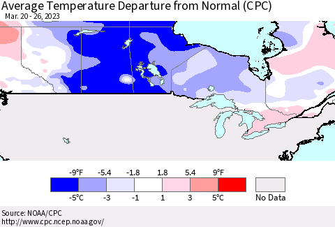 Canada Average Temperature Departure from Normal (CPC) Thematic Map For 3/20/2023 - 3/26/2023