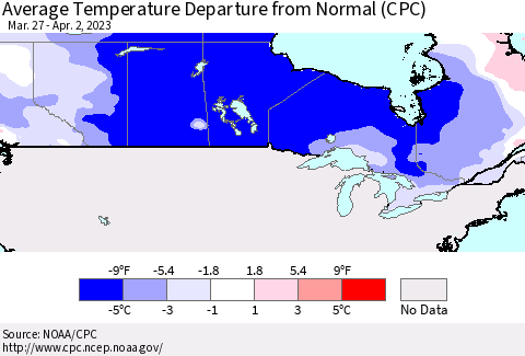 Canada Average Temperature Departure from Normal (CPC) Thematic Map For 3/27/2023 - 4/2/2023