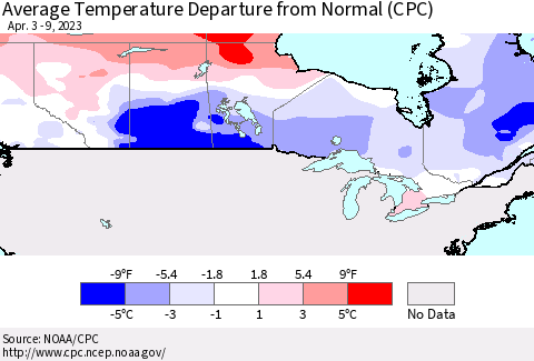 Canada Average Temperature Departure from Normal (CPC) Thematic Map For 4/3/2023 - 4/9/2023