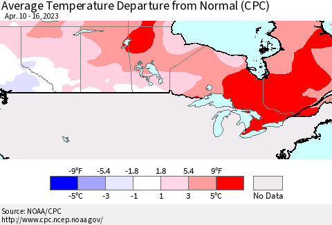 Canada Average Temperature Departure from Normal (CPC) Thematic Map For 4/10/2023 - 4/16/2023