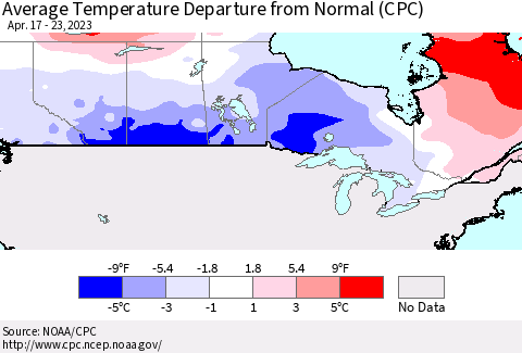 Canada Average Temperature Departure from Normal (CPC) Thematic Map For 4/17/2023 - 4/23/2023