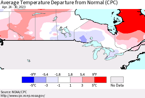 Canada Average Temperature Departure from Normal (CPC) Thematic Map For 4/24/2023 - 4/30/2023