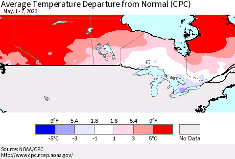 Canada Average Temperature Departure from Normal (CPC) Thematic Map For 5/1/2023 - 5/7/2023
