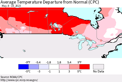 Canada Average Temperature Departure from Normal (CPC) Thematic Map For 5/8/2023 - 5/14/2023