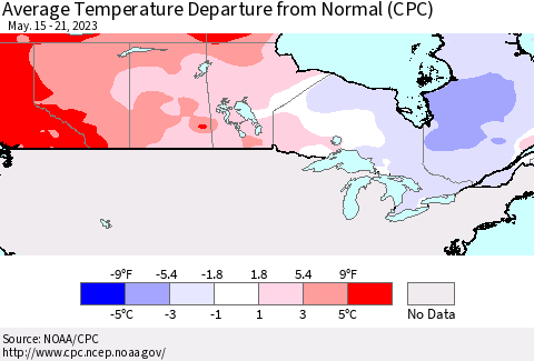 Canada Average Temperature Departure from Normal (CPC) Thematic Map For 5/15/2023 - 5/21/2023