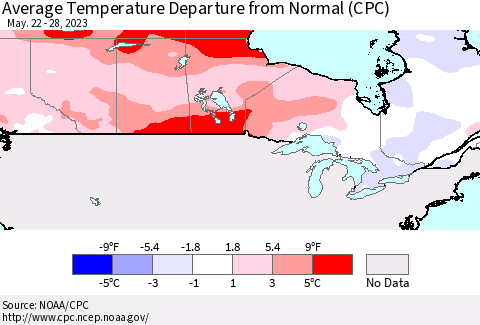 Canada Average Temperature Departure from Normal (CPC) Thematic Map For 5/22/2023 - 5/28/2023