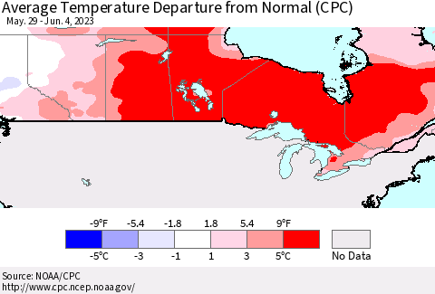 Canada Average Temperature Departure from Normal (CPC) Thematic Map For 5/29/2023 - 6/4/2023