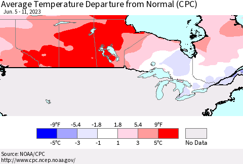 Canada Average Temperature Departure from Normal (CPC) Thematic Map For 6/5/2023 - 6/11/2023