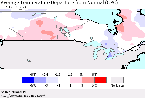 Canada Average Temperature Departure from Normal (CPC) Thematic Map For 6/12/2023 - 6/18/2023
