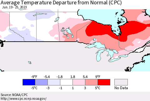 Canada Average Temperature Departure from Normal (CPC) Thematic Map For 6/19/2023 - 6/25/2023