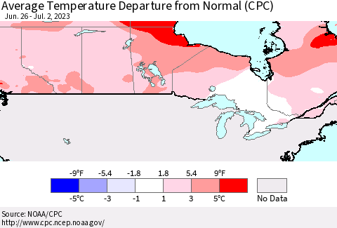 Canada Average Temperature Departure from Normal (CPC) Thematic Map For 6/26/2023 - 7/2/2023