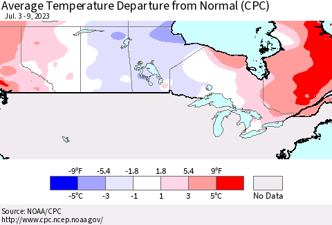 Canada Average Temperature Departure from Normal (CPC) Thematic Map For 7/3/2023 - 7/9/2023