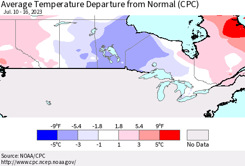 Canada Average Temperature Departure from Normal (CPC) Thematic Map For 7/10/2023 - 7/16/2023