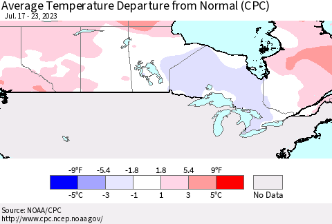 Canada Average Temperature Departure from Normal (CPC) Thematic Map For 7/17/2023 - 7/23/2023