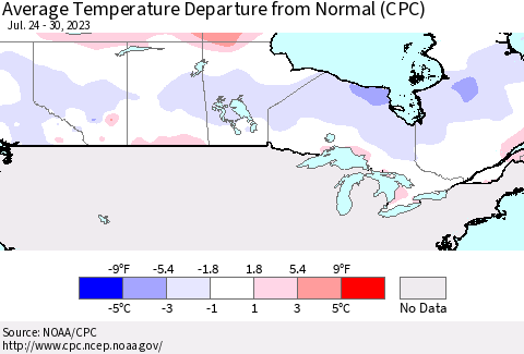 Canada Average Temperature Departure from Normal (CPC) Thematic Map For 7/24/2023 - 7/30/2023