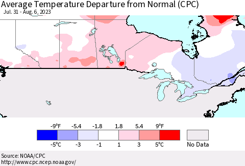 Canada Average Temperature Departure from Normal (CPC) Thematic Map For 7/31/2023 - 8/6/2023