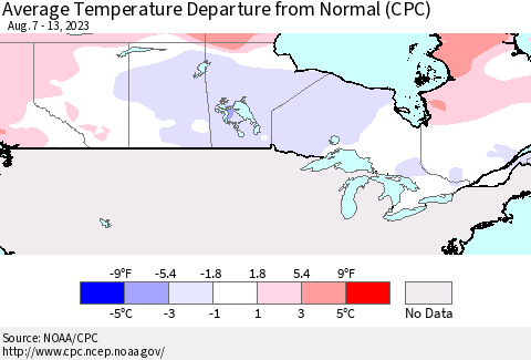 Canada Average Temperature Departure from Normal (CPC) Thematic Map For 8/7/2023 - 8/13/2023