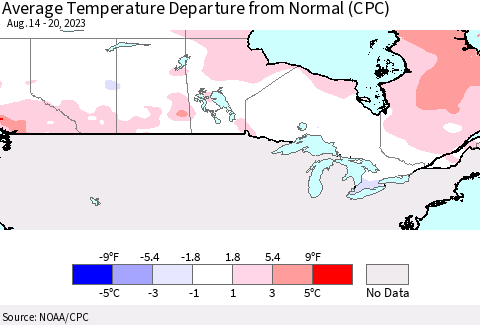 Canada Average Temperature Departure from Normal (CPC) Thematic Map For 8/14/2023 - 8/20/2023