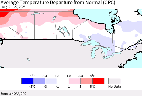 Canada Average Temperature Departure from Normal (CPC) Thematic Map For 8/21/2023 - 8/27/2023