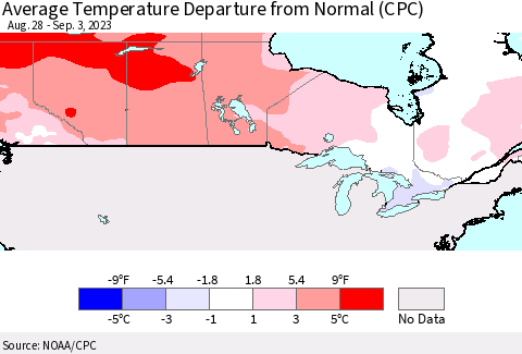 Canada Average Temperature Departure from Normal (CPC) Thematic Map For 8/28/2023 - 9/3/2023