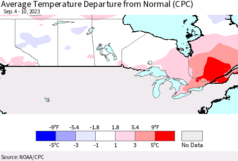 Canada Average Temperature Departure from Normal (CPC) Thematic Map For 9/4/2023 - 9/10/2023