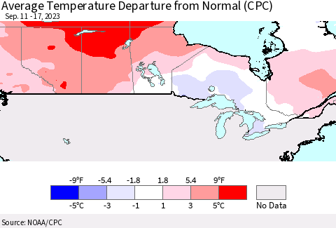 Canada Average Temperature Departure from Normal (CPC) Thematic Map For 9/11/2023 - 9/17/2023