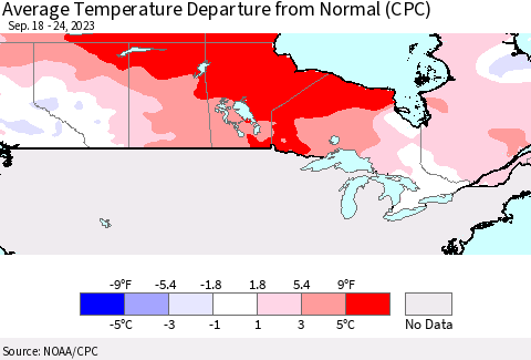Canada Average Temperature Departure from Normal (CPC) Thematic Map For 9/18/2023 - 9/24/2023