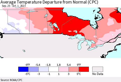 Canada Average Temperature Departure from Normal (CPC) Thematic Map For 9/25/2023 - 10/1/2023
