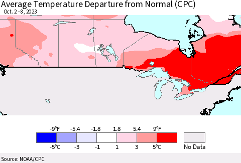 Canada Average Temperature Departure from Normal (CPC) Thematic Map For 10/2/2023 - 10/8/2023