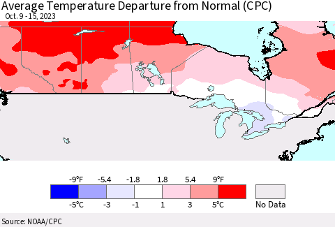 Canada Average Temperature Departure from Normal (CPC) Thematic Map For 10/9/2023 - 10/15/2023