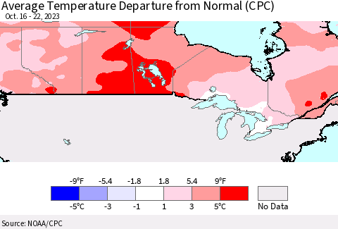 Canada Average Temperature Departure from Normal (CPC) Thematic Map For 10/16/2023 - 10/22/2023