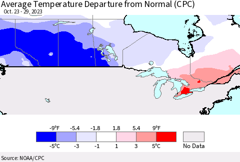 Canada Average Temperature Departure from Normal (CPC) Thematic Map For 10/23/2023 - 10/29/2023