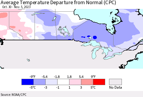 Canada Average Temperature Departure from Normal (CPC) Thematic Map For 10/30/2023 - 11/5/2023