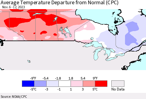 Canada Average Temperature Departure from Normal (CPC) Thematic Map For 11/6/2023 - 11/12/2023