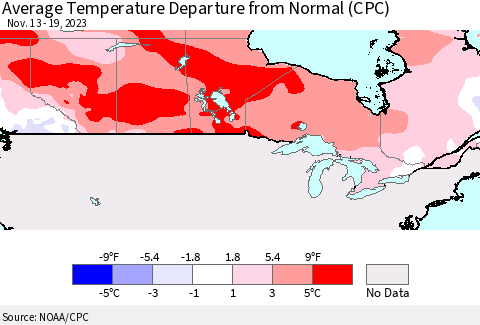 Canada Average Temperature Departure from Normal (CPC) Thematic Map For 11/13/2023 - 11/19/2023