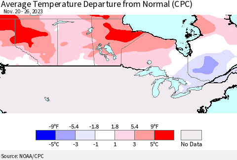 Canada Average Temperature Departure from Normal (CPC) Thematic Map For 11/20/2023 - 11/26/2023