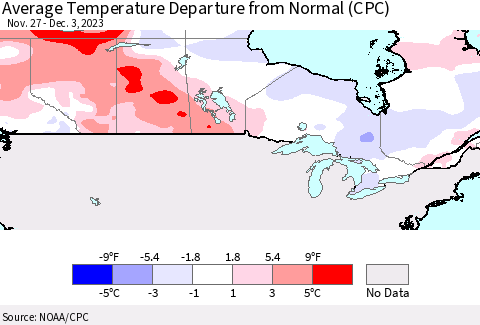 Canada Average Temperature Departure from Normal (CPC) Thematic Map For 11/27/2023 - 12/3/2023