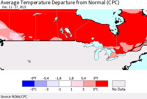 Canada Average Temperature Departure from Normal (CPC) Thematic Map For 12/11/2023 - 12/17/2023