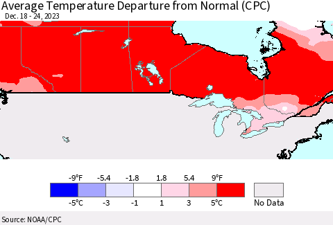 Canada Average Temperature Departure from Normal (CPC) Thematic Map For 12/18/2023 - 12/24/2023