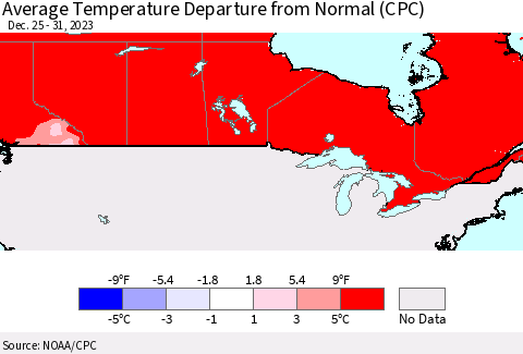 Canada Average Temperature Departure from Normal (CPC) Thematic Map For 12/25/2023 - 12/31/2023