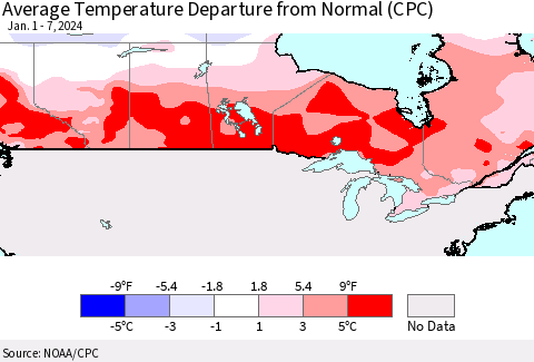 Canada Average Temperature Departure from Normal (CPC) Thematic Map For 1/1/2024 - 1/7/2024