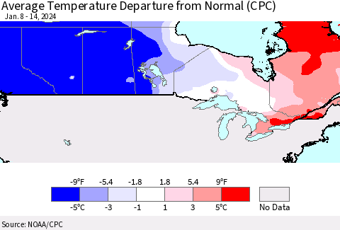 Canada Average Temperature Departure from Normal (CPC) Thematic Map For 1/8/2024 - 1/14/2024