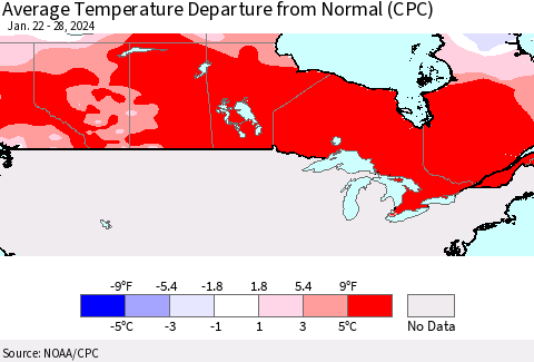 Canada Average Temperature Departure from Normal (CPC) Thematic Map For 1/22/2024 - 1/28/2024