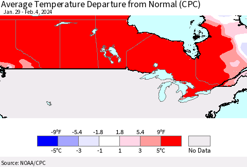 Canada Average Temperature Departure from Normal (CPC) Thematic Map For 1/29/2024 - 2/4/2024